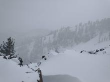 Steep, wind loaded N aspect terrain that we watched another party descend into, possibly triggering an avalanche.