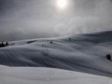 Ski tracks filled in by blowing snow and new snow within 2 hours 