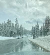 Around 1030 Hwy 50 over Echo Summit was completely clear of snow and wet (it had been snow covered before 8am). 