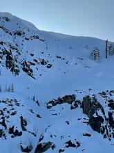 The cornice that broke and the crown of the slab avalanche the cornice failure triggered.