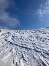 Reverse skin track possibly from yesterday on an exposed, cold, windy ridge