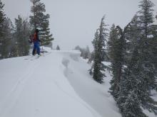 Cornices are built out, but have gained some strength with only the top layer failing with ski kicks