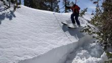 Thick (up to 2 ft) hard wind slab created by the NE winds on a W aspect. Jumping on this slope did not trigger failure even when we undercut it.