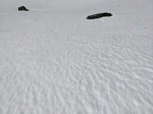 Lots of texture in the snow above treeline, which may develop into sun cups with continued warm temps.