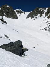 The main South Bowl had previous tracks and fallen cornice chunks, but there were still smooth lines available.