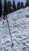 Firm and uneven snow surfaces on the upper elevation N aspects of Rubicon