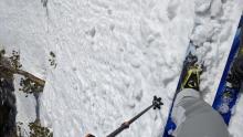 Wet snow and small roller balls on an E aspect near the summit of Rubicon