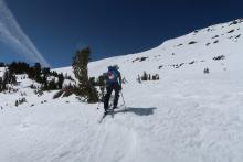 Reduced cornices further south of Stevens Peak as well as wind blown crusty hard snow