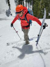 Boot-top deep wet snow on S-SE aspects in wind sheltered areas below treeline at 11:20