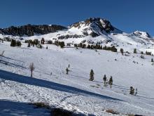 Lots of texture in the snow surface from previous tracks, wind, and early stage sun cupping. Winnemucca Lake had some refrozen meltwater on the surface.