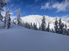 Test slope in sun below and right of rock outcropping 