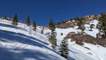 Shady aspects still hold good snow coverage while snow is melting quickly on the sunny aspects. 