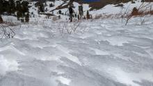 Uneven snow surfaces caused by differential melting.