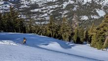 Searching for areas where wind slabs might exist on top of old facets. We did not see any areas with this combination on our search. 