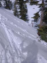 Tiny wet loose avalanche intentionally triggered by ski cut on micro NE aspect of greater E aspect terrain at around 8,600'.