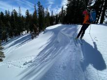 Ski kicks triggered a small cornice failure above a N-facing wind-loaded test slope.