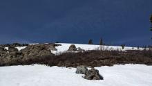 Finding continuous snow on south facing slopes has become more challenging.