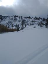 Thin snow cover over the rock N slopes of Mt. Judah above Old Hwy 40.