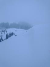 Wind pillow and early stage cornice formation across the top of Wildflower Ridge.