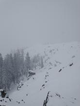 Thin snowcover in the North Bowl of the East Face of Mt. Judah.