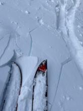 A small area of wind slab in near tree line terrain. 