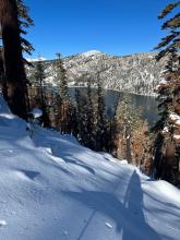 Looking down on the mostly liquid lower Echo Lake. 