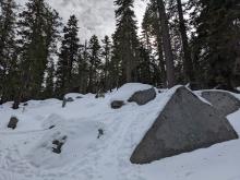 Lots of rocks existed at or just below the snow surface, especially below 8500 ft. 