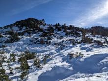 More rocks and other obstacles protruding through the snowpack.