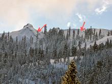 Partially filled in avalanches on NE aspects of a peak between Silver and Poulsen Peak