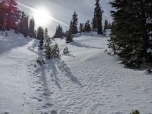 The winds had started to move snow and fill in old tracks by early afternoon. 