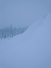 Crown from a natural wind slab avalanche in small terrain.