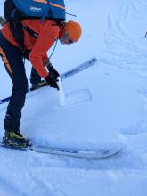 A thin breakable melt freeze crust on a N aspect at 7300 ft. There was still some small but intact surface hoar buried under this crust. 