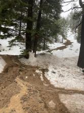 Mud flow in steep gully feature on Hwy 89 between Palisades Tahoe and Truckee