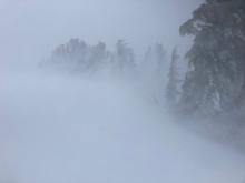 Poor visibility with blowing snow on summit ridge above 9200'