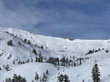 Old debris large piles off cornice line on S facing aspects in Red Lake cirque.