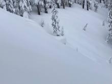 Small natural storm slab avalanche in btl terrain.  Crown partially covered by additional storm snow.