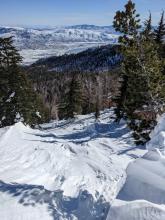 Wind carved snow in near treeline terrain on Price Peak.