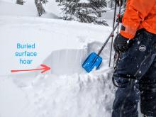 Surface hoar buried under 10 to 12 inches of cold, soft, and light wind-blown snow near Lincoln Ridge.