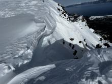 Large overhanging cornice at the top of the Cross Couloir. Estimated to be overhanging by 10+ feet.