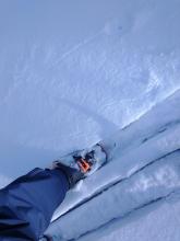 Cracking around skis while breaking trail. The longest cracks were 4 feet long.