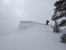 Large cornices existed above most wind loaded slopes. This slope also cracked as we approached it from the side. 