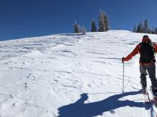 Strong winds had left wind scoured snow on the ridges. 