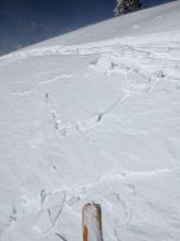 Small wind slabs had formed on W aspects near the top of Andesite. These cracked when I stepped on them.