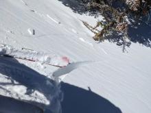 The newly formed winds slabs measured about 10-12 inches at their deepest and quickly got thinner (2 inches thick about 5 ft from my skis) as you moved down slope.