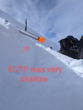 Reactive wind slab was only a few inches thick. Graupel was observed a few more inches below the ECT failure