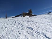 Wind-affected snow surfaces were widespread on Castle Peak.