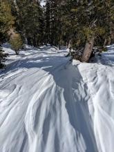 ENE aspect terrain, wind scoured and unaffected by melt.