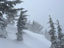 Strong wind and blowing snow along the ridge.