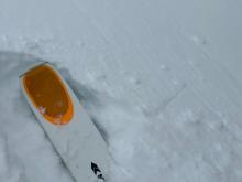 Along steep sections of the skin track deep snow was fracturing in front of skis