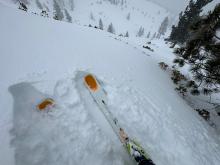 Along steep sections of the skin track deep snow was fracturing in front of skis